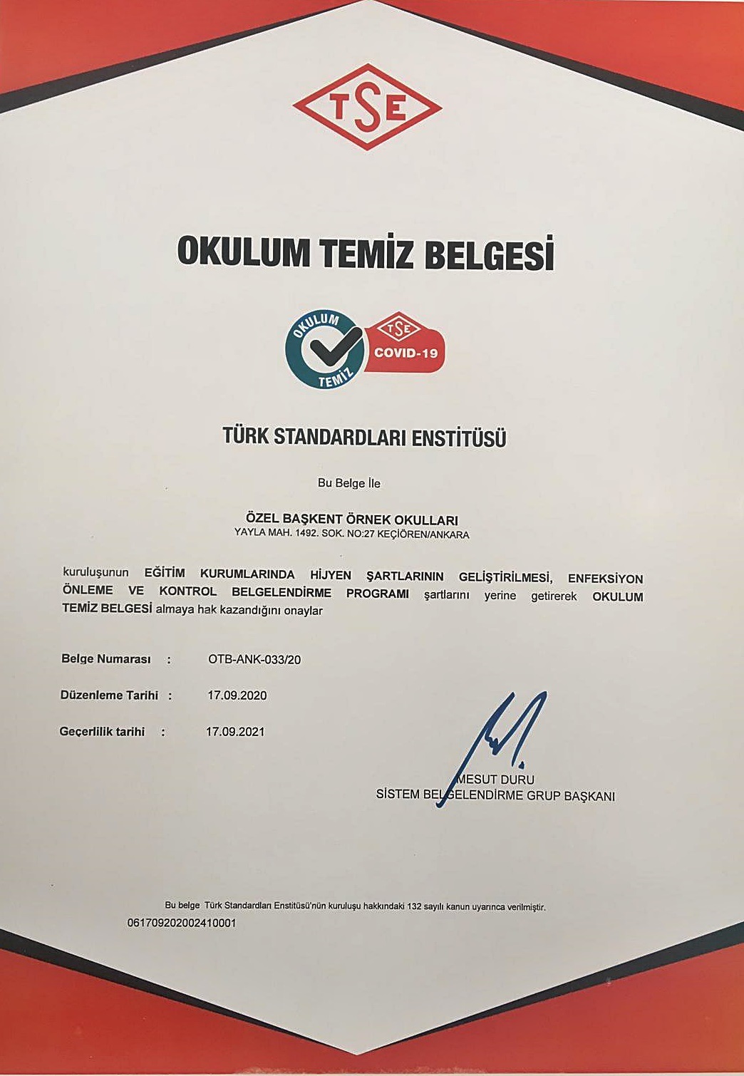 Okulum Temiz Belgesi 1